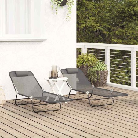 Chaises Longues Pliables 2 pcs avec Appui-tête Grise Textilène 
