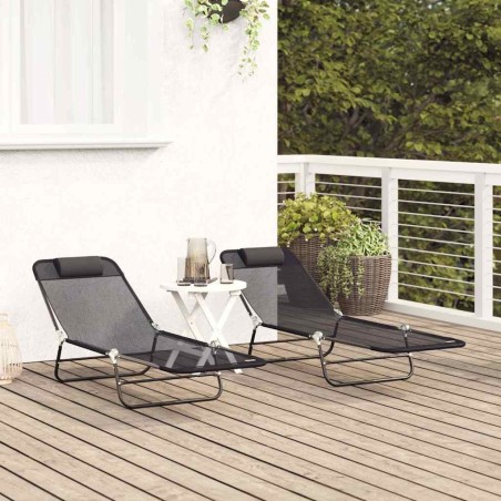Chaises longues pliantes 2 pcs avec appuie-tête noir Textilène 