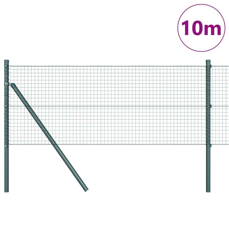 Clôture en fil soudé avec 7 poteaux verts 0,8x10 m en acier 