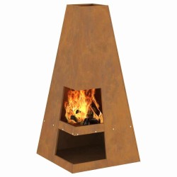 brasero avec espace de rangement pour bûches, 50 x 50 x 100 cm - acier corten 