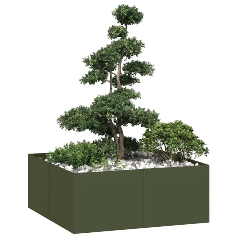 Jardinière vert olive 100x100x40 cm acier 