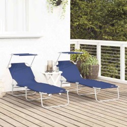Ensemble de Transats Pliants 2 pcs avec Auvent en Tissu Oxford Bleu 600D 