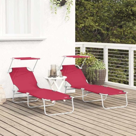 Transats pliants 2 pcs avec auvent Tissu Oxford Rouge 600D 