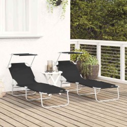 Chaises longues pliantes 2 pcs avec auvent en tissu Oxford 600D noir 
