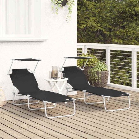 Chaises longues pliantes 2 pcs avec auvent en tissu Oxford 600D noir 