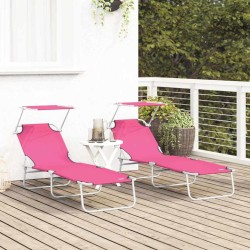 Chaises Longues Pliantes 2 pcs avec Auvent Rose Tissu Oxford 600D 