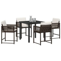 Set de salle à manger de jardin , 5 pièces, avec coussins en poly rotin marron 