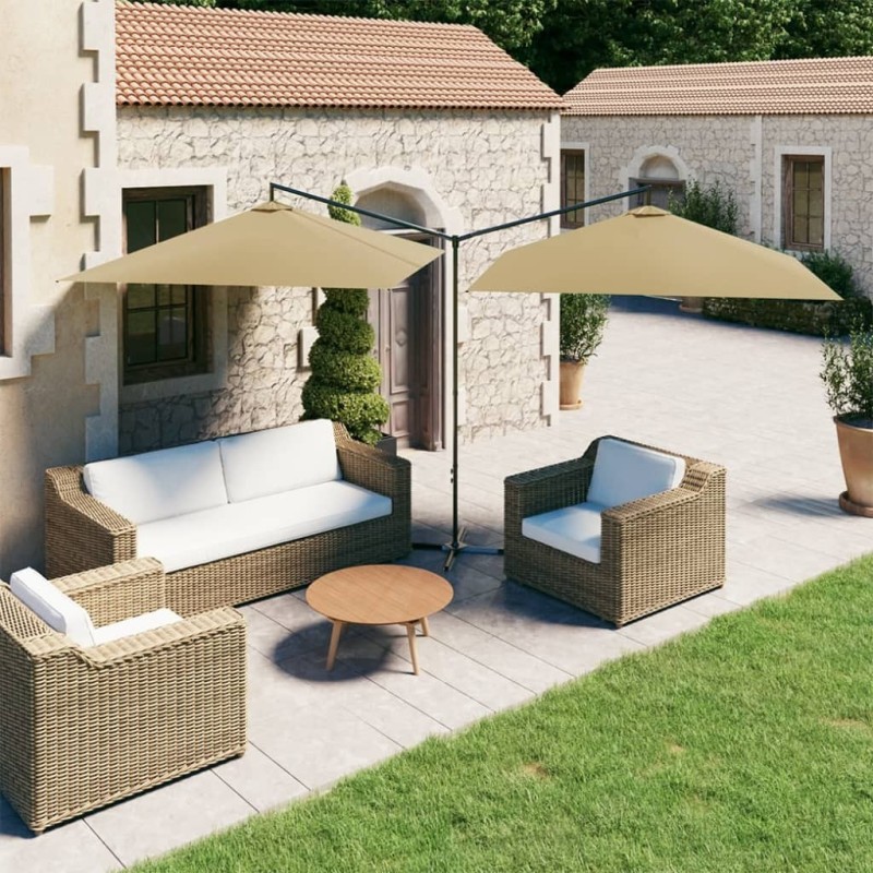 Parasol de jardin double avec mât en acier taupe 600x300 cm 