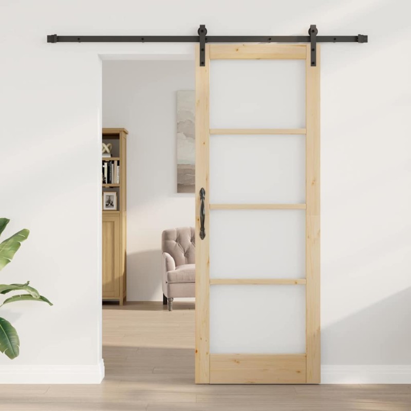 Porte Coulissante avec Kit de Quincaillerie 'ORKDAL'Bois Massif & Verre 