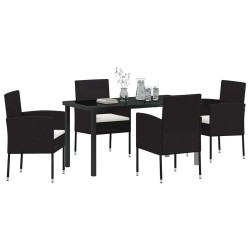 Ensemble de salle à manger de jardin de 5 pièces avec coussins Noir Rattan Poly 