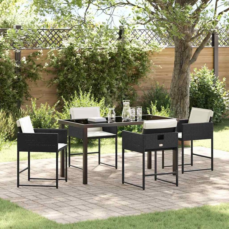 Ensemble de salle à manger de jardin 5 pièces , avec coussins en poly rotin noir 