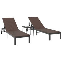 Chaises longues 2 pcs avec roues et table en poly rattan marron 