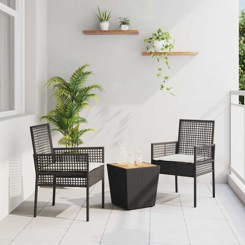 Ensemble de Bistro de Jardin 3 Pièces avec Coussins en Poly Rattan Noir 