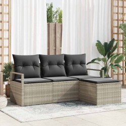 Canapé de jardin 4 pièces avec coussins gris clair en polyrotin 