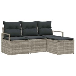 Canapé de jardin 4 pièces avec coussins gris clair en polyrotin 