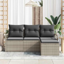 Canapé de jardin 4 pièces avec coussins gris clair en polyrotin 