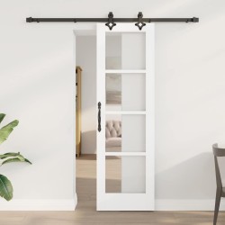 Porte Coulissante avec Kit Quincaillerie "ORKDAL" Blanche en Bois Massif & Verre 