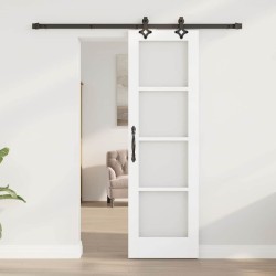 Porte Coulissante avec Kit Quincaillerie "ORKDAL" Blanche en Bois Massif & Verre 