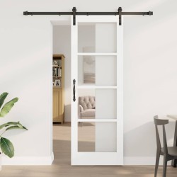 Porte Coulissante avec Kit de Quincaillerie "ORKDAL" Bois Massif Blanc & Verre 