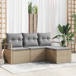 Ensemble de canapé de jardin en 4 pièces avec coussins beiges en poly rotin 