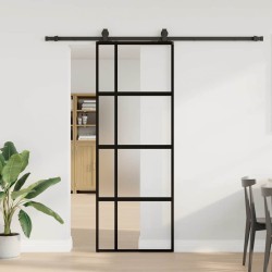 Porte coulissante kit quincaillerie noir 76x205 cm verre trempé 