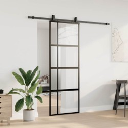 Porte coulissante kit quincaillerie noir 76x205 cm verre trempé 