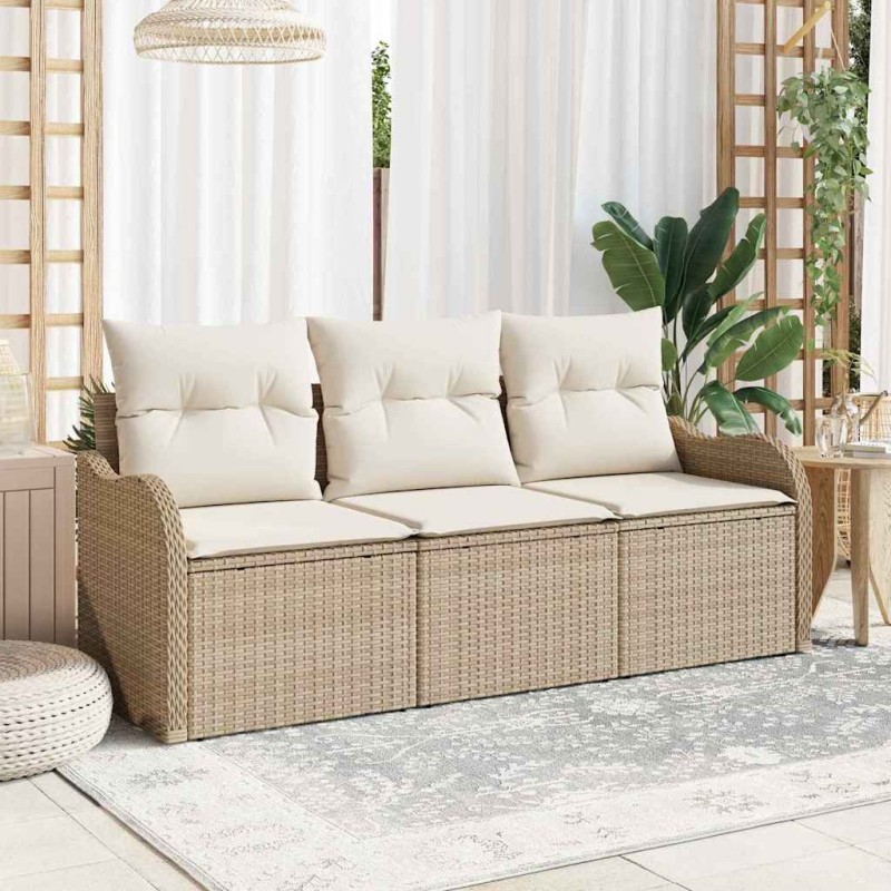 Ensemble de Canapé de Jardin 3 Pièces avec Coussins Beige Rattan Poly 
