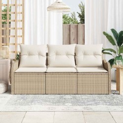 Ensemble de Canapé de Jardin 3 Pièces avec Coussins Beige Rattan Poly 
