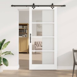 Porte Coulissante avec Kit de Quincaillerie "ORKDAL" Bois Massif et Verre Blanc 
