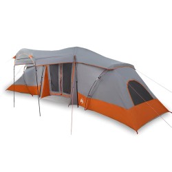 Tente de famille avec fenêtres, dôme gris et orange, pour 6 personnes. Étanche. 