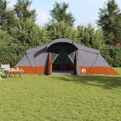 Tente de famille avec fenêtres, dôme gris et orange, pour 6 personnes. Étanche. 