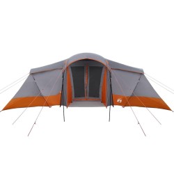 Tente de famille avec fenêtres, dôme gris et orange, pour 6 personnes. Étanche. 