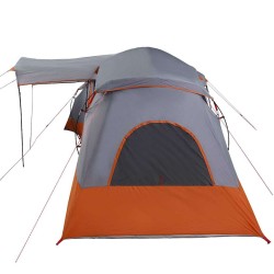 Tente de famille avec fenêtres, dôme gris et orange, pour 6 personnes. Étanche. 