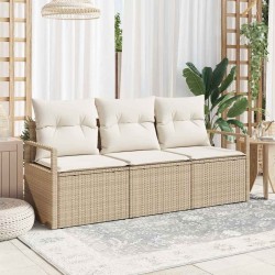 Canapé de jardin 3 pièces avec coussins beige en rattan synthétique 