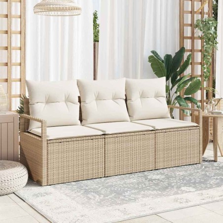 Canapé de jardin 3 pièces avec coussins beige en rattan synthétique 