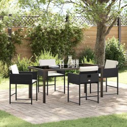 Ensemble de salle à manger de jardin 5 pièces avec coussins, en rattan noir et poly. 
