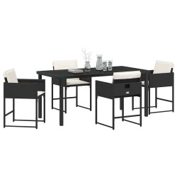 Ensemble de salle à manger de jardin 5 pièces avec coussins, en rattan noir et poly. 