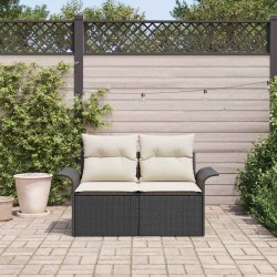 Canapé de jardin 2 places avec rangement et coussins en poly rotin noir 
