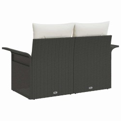 Canapé de jardin 2 places avec rangement et coussins en poly rotin noir 
