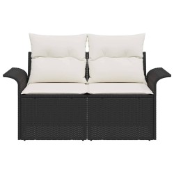 Canapé de jardin 2 places avec rangement et coussins en poly rotin noir 