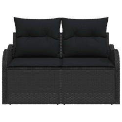 Canapé de jardin 2 places avec rangement et coussins en poly rattan noir 