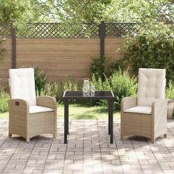 Set de salle à manger de jardin 3 pièces avec coussins beige rattan poly 