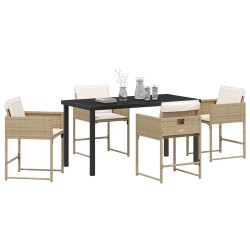 Set de salle à manger de jardin 5 pièces avec coussins beige en poly rattan 