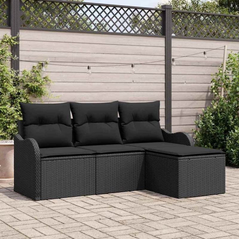 Canapé de jardin 4 places avec coussins en poly rotin noir 