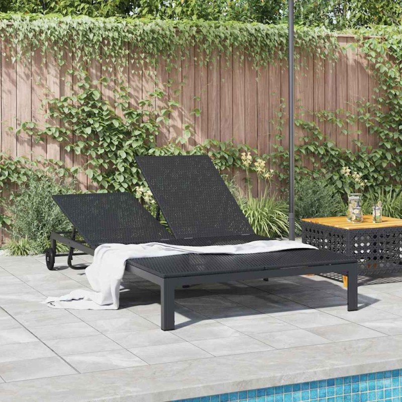 Chaise longue avec coussins et roues pour 2 personnes en poly rattan noir 