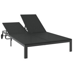 Chaise longue avec coussins et roues pour 2 personnes en poly rattan noir 