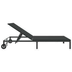 Chaise longue avec coussins et roues pour 2 personnes en poly rattan noir 