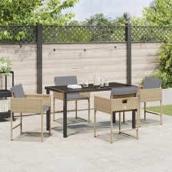 Ensemble de jardin 5 pièces avec coussins en polyrotin beige. 
