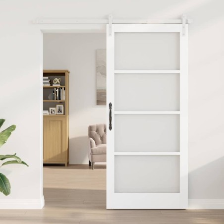 Porte Coulissante avec Kit Quincaillerie 'ORKDAL'Bois Solide Blanc et Verre 