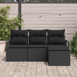 Ensemble de canapé de jardin 4 pièces avec coussins en poly rattan noir 